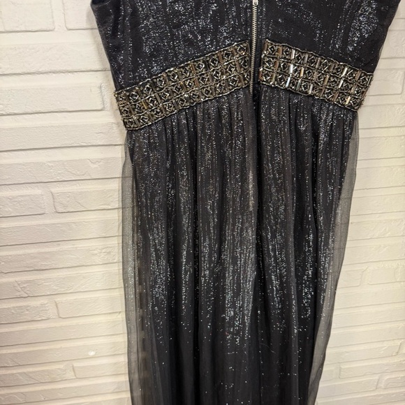 Black Metallic Silver Rhinestone Waist Band Silk Gown, Women’s Size Medium - Picture 8 of 11